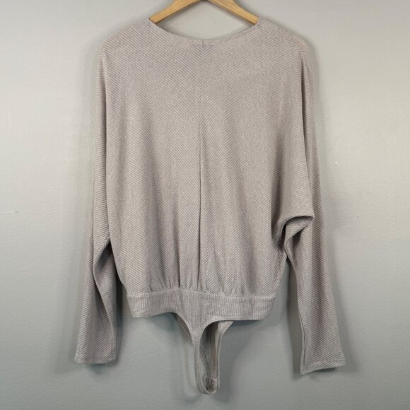 Express Beige Ribbed Wrap Bodysuit Top With Tie Waist Womens L - Picture 2 of 13